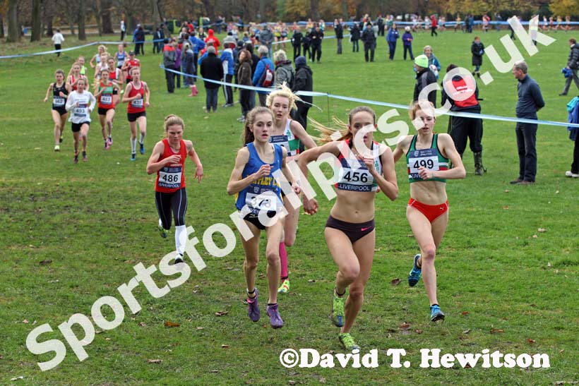 Leaders 373 Lydia Turner (Birtley) under-17, 456 Emelia Gorecka  and Georgia Taylor Brown both under-20s during the under-17 and under-20 womens Liverpool Cross Challenge. David T. Hewitson/Sports for All Pics